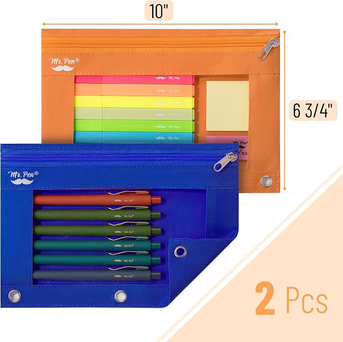 Mr. Pen- Pencil Pouch for 3 Ring Binder, 2 Pack, 10"x6.75", Smooth Zipper | Clear Window, Large Capacity Pencil Case with 3 Reinforced Grommets for School, Office, Supplies Storage | Clear Window, Large Capacity Pencil Case with 3 Reinforced Grommets f...