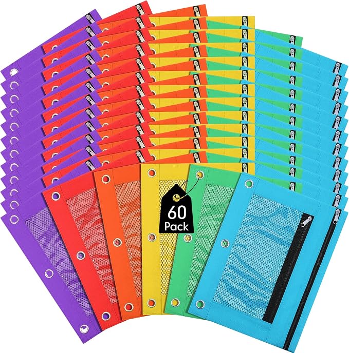 Leelosp 60 Pack Pencil Pouch for 3 Ring Binder Mesh Zipper Pencil Case Bags Binder Pouches Bulk for Writing Utensils Storage Supplies (Red,Orange,Yellow,Green,Aqua,Purple)