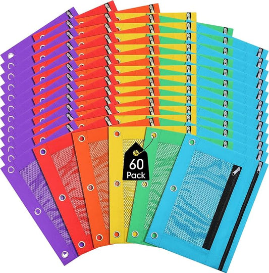 Leelosp 60 Pack Pencil Pouch for 3 Ring Binder Mesh Zipper Pencil Case Bags Binder Pouches Bulk for Writing Utensils Storage Supplies (Red,Orange,Yellow,Green,Aqua,Purple)