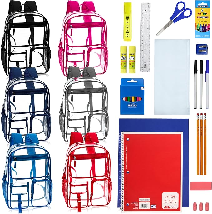 12 Pack 17" Bulk Clear Backpacks With 34 Pc School Supplies Kit, 6 Colors | Wholesale Transparent Bookbags for Kids, Reinforced Clear Vinyl Backpack Set for Charity Giveaways & Back to School Drives