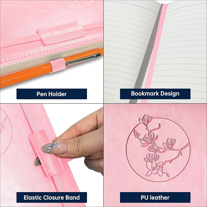 Notebook Journal for Women Men,256 Pages A5 Hardcover Leather Journaling Notebooks for Work,lined journal/notebook with 100Gsm Paper,Pen Holder and inner pocket 5.8"×8.4"(Pink)