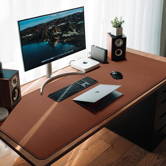 CENNBIE Leather Desk Mat 39.3"x19.6", Office Desk pad (Brown) | Premium stitched edges resist wear. Easy to clean. Protects desk from spills, stains ,scratches. Smooth glide. Office & home.