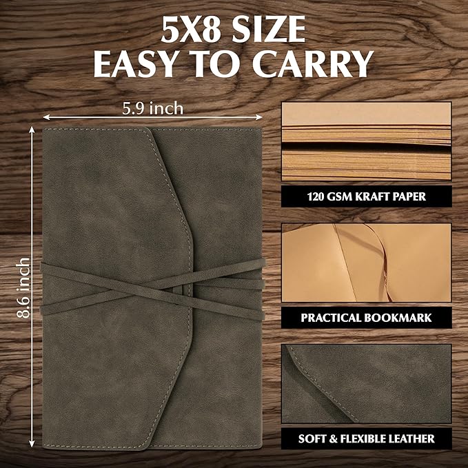 MINICAGIE Vintage Journal for Women Men Leather Bound Journaling Notebook Diary 160 Pages Book of Shadows Journal Soft Cover Journals for Writing Travel Gifts, 5.9x 8.6 in, Green