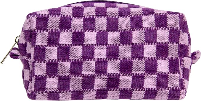 Checkered Makeup Bag for Purse, Small Travel Cosmetic Pouch,Lavender | Cute Zipper Makeup Organizer for Women, Travel Essentials, Toiletries, Makeup Brushes, Beauty Accessories&Bridesmaid Gifts