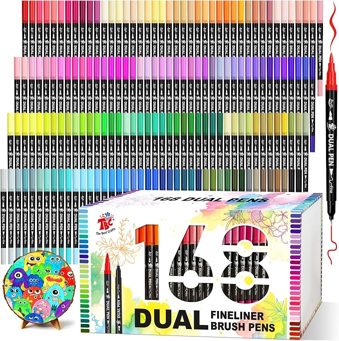 Brush Pens for Adult Coloring Books, 168 Colors Dual Tip Art Markers – Fine Tip for Outlining + Brush Tip for Coloring, Water-Based Non-Bleeding Markers for Journaling, Calligraphy, Hand Lettering