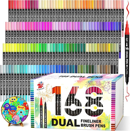 Brush Pens for Adult Coloring Books, 168 Colors Dual Tip Art Markers – Fine Tip for Outlining + Brush Tip for Coloring, Water-Based Non-Bleeding Markers for Journaling, Calligraphy, Hand Lettering