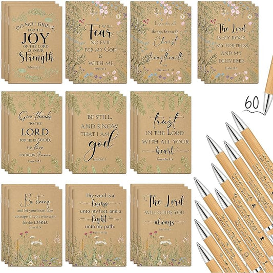 Ctosree 120 Pcs Christian Gifts Bulk for Women Bible Verse Notebook Prayer Journal Inspirational Ballpoint Pen Notepad Church Gift for Women Pastor's Wife Vbs Sunday School Back to School Gift (Brown)