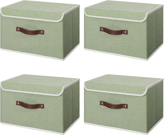 ANMINY 4PCS Storage Bin with Lid Storage Boxes with PU Leather Handles PP Plastic Board Decorative Foldable Lidded Cotton Linen Fabric Home Cubes Baskets Closet Organizer Container - Green, Medium