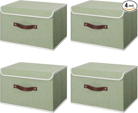 ANMINY 4PCS Storage Bins with Lid PU Leather Handles Storage Boxes PP Plastic Board Decorative Foldable Lidded Cotton Linen Fabric Home Cubes Baskets Closet Organizer Containers - Green, Large Size