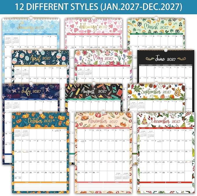 2027 Calendar - 2027 Wall Calendar, Jan 2027 - Dec 2027, Large Wall Calendar 2027, 12" x 17", 12 Monthly Calendar Large with Hanging Hook, Perfect for Organizing - 12 Different Themes