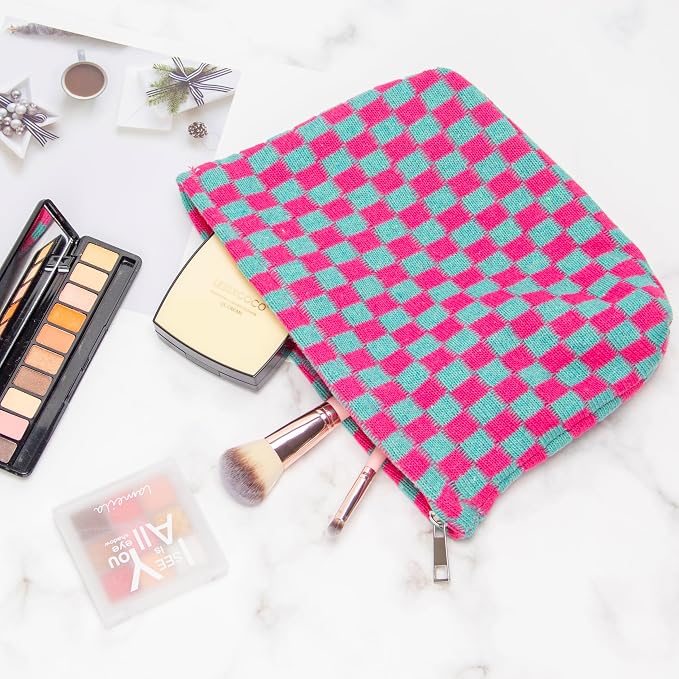 Checkered Makeup Bag for Purse, Small Flat Cosmetic Pouch,Magenta Green | Cute Zipper Makeup Organizer for Women, Travel Essentials, Toiletries, Makeup Brushes, Beauty Accessories&Bridesmaid Gifts