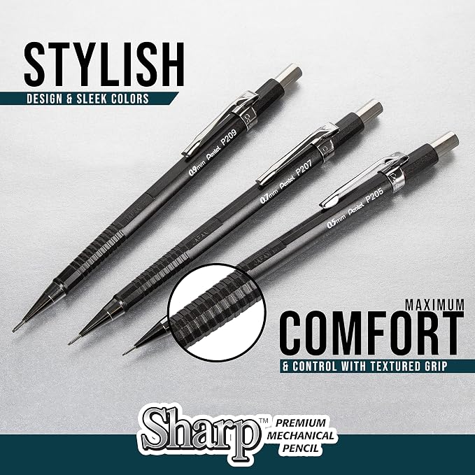 Pentel Sharp Mechanical Pencil, (0.5mm), Fine Line, Black Barrel, Pack of 4 (P205PF4A)