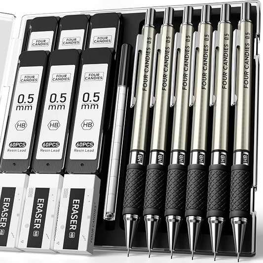 Metal Mechanical Pencil Set, 0.5mm Fine Point, 6-Pack with Storage Case | 360 Leads, 3 Erasers+9 Refills, Non-Slip Grips, For School Writing, Sketching, Art Drawing & Professional Drafting