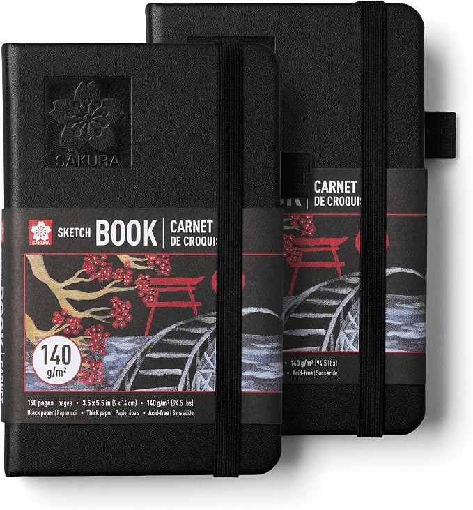 Sakura Sketchbook Pocket - Drawing Sketchbook for Visual Journaling, Sketching & Illustration - 140 GSM Paper - Hardcover Hardcover - 160 Pages - 3.5 x 5.5" - Black - 2 Count