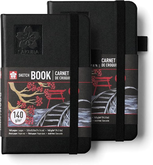 Sakura Sketchbook Pocket - Drawing Sketchbook for Visual Journaling, Sketching & Illustration - 140 GSM Paper - Hardcover Hardcover - 160 Pages - 3.5 x 5.5" - Black - 2 Count