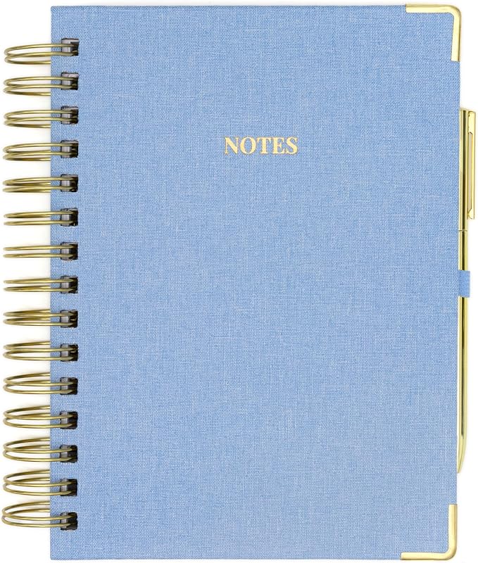 ELYN Lined Spiral Journal, Linen Hardcover Notebook with Matching Gold Gel Pen, 252 Pages, 8 in x 5 in - 100 GSM Premium Paper, Spiral Notebook for Home, Office, Notes & Gifts, (Blue)