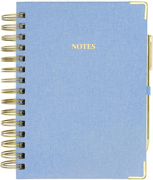 ELYN Lined Spiral Journal, Linen Hardcover Notebook with Matching Gold Gel Pen, 252 Pages, 8 in x 5 in - 100 GSM Premium Paper, Spiral Notebook for Home, Office, Notes & Gifts, (Blue)