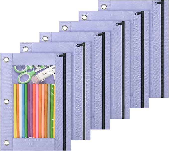 Lanpn Pencil Pouch for 3 Ring Binder 6 Pack, Purple Binder Pen Bags with Zipper, Cute 3 Holes Pencil Pouches Organizer for Boy Girl Kids School Student, Reinforced Grommets & Clear Window