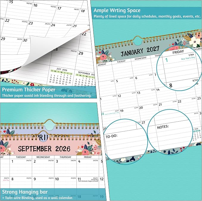 Wall Calendar 2026-2028 – 2 Year Calendar 2026-2028, Jul 2026 – Jun 2028, 14.57 x 11.42 In, 2026 Calendar 24 Months, Monthly Calendar 2026, with Ruled Blocks, Thick Paper, Holidays, To-do List ＆ Notes