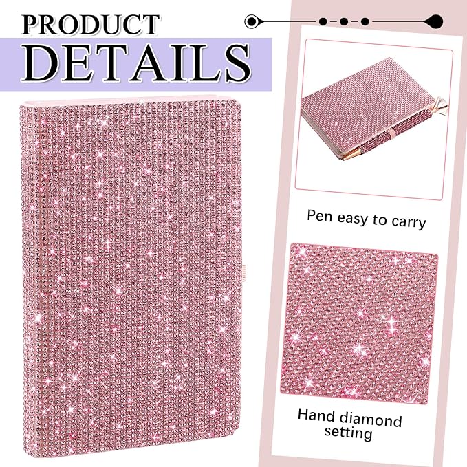 Rhinestone Pen & Glitter Notebook Set, Hard Cover Bling Diary Journal for Girls, Cute School Supplies for Back to School, Sparkly Desk Accessories Gift for Women(Rhinestone,A6,Pink)