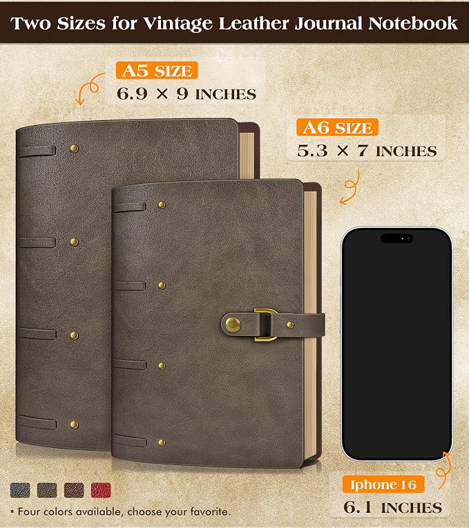 Leather Journal Notebook, A6 Size 5.3 x 7 inches 260 Pages Refillable Vintage Travel Notebook with Gift Box, 100 GSM Thick Lined Paper Journal Writing Diary Note Taking for Men and Women – Dark Brown