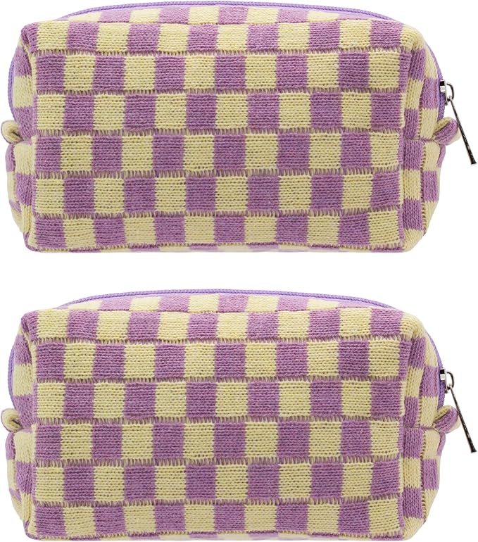 Checkered Makeup Bag for Purse, Small Travel Cosmetic Pouch,Purple,2 Pack | Cute Zipper Makeup Organizer for Women, Travel Essentials, Toiletries, Makeup Brushes, Beauty Accessories&Bridesmaid Gifts