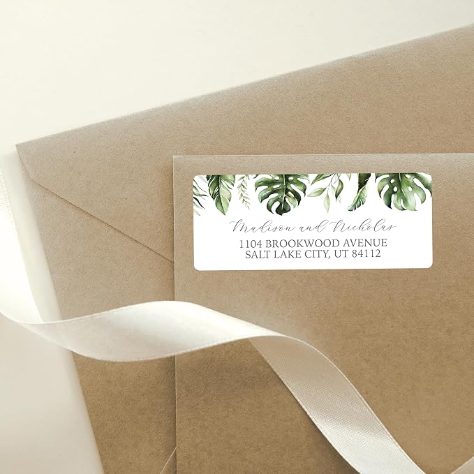 Return Address Labels Personalized with Your Choice of 30 Flower Styles - Choose Font and Font Color or Add Custom Text - Perfect for Wedding Envelopes (006 Palm Leaves)