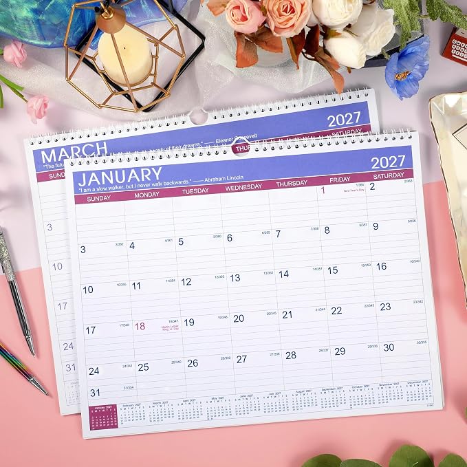2027 Calendar - 2027 Wall Calendar, JAN 2027 - DEC 2027, 15" x 11.5", 2027 Wall Calendar 12 Month with Hanging Hook, Perfect for School, Home, Office Organization - Floral