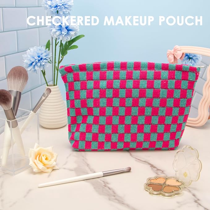 Checkered Makeup Bag for Purse, Small Flat Cosmetic Pouch,Magenta Green | Cute Zipper Makeup Organizer for Women, Travel Essentials, Toiletries, Makeup Brushes, Beauty Accessories&Bridesmaid Gifts