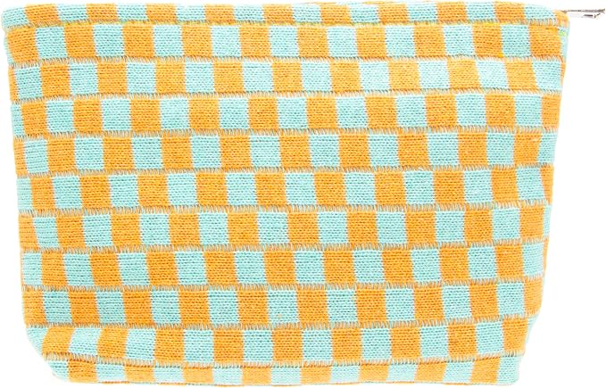 Checkered Makeup Bag for Purse, Small Flat Cosmetic Pouch,Orange Green | Cute Zipper Makeup Organizer for Women, Travel Essentials, Toiletries, Makeup Brushes, Beauty Accessories&Bridesmaid Gifts