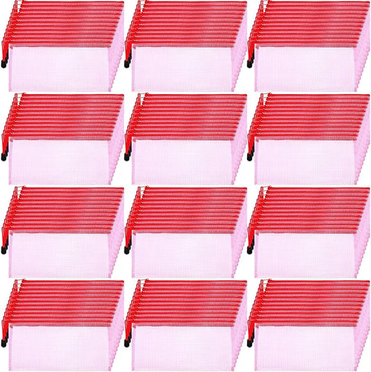 Handepo 100 Pack Mesh Zipper Pouch Pencil Pouches Bulk Clear Storage Bag Small Waterproof Purse Bag Multipurpose for Cash Board Game Passport Office(A6/9.45x4.53in,Red)