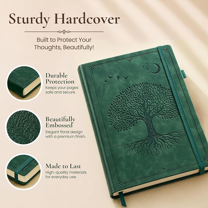 Lined Journal Notebook Hardcover Leather Bound 200 Pages A5 Green Diary | College Ruled 5.7x8.4" Journaling Notebooks for Men & Women, Writing for Personal, Small Travel Daily Note Book Tree of Life