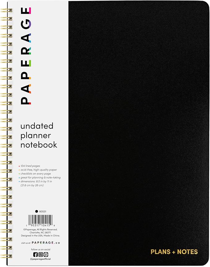 PAPERAGE Undated Daily Planner & To Do List Notepad (Black), 8.5 in x 11 in, Spiral Bound Planner Notebook for Work, School or Home, 104 Lined Pages With Date Tracker for Plans & Notes