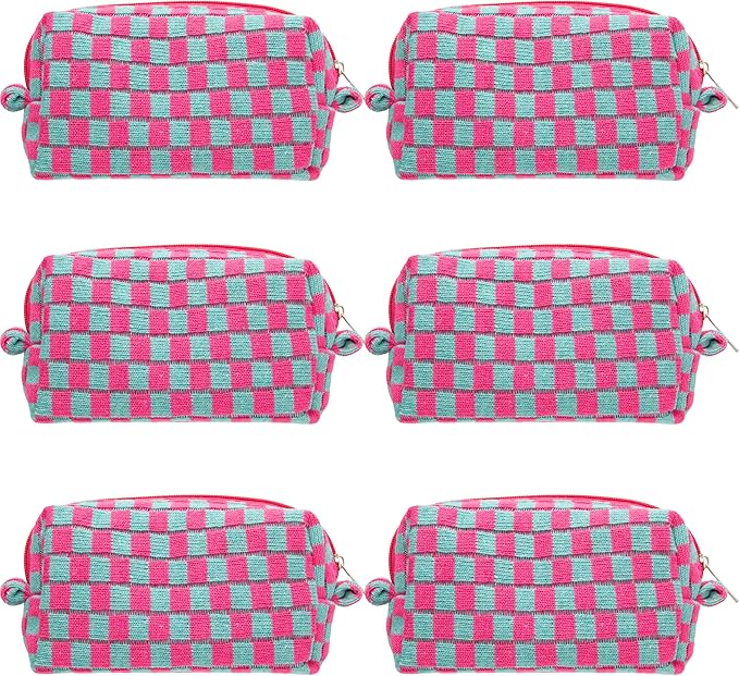 Checkered Makeup Bag for Purse, Small Cosmetic Pouch,Magenta Green,6 Pack | Cute Zipper Makeup Organizer for Women, Travel Essentials, Toiletries, Makeup Brushes, Beauty Accessories&Bridesmaid Gifts