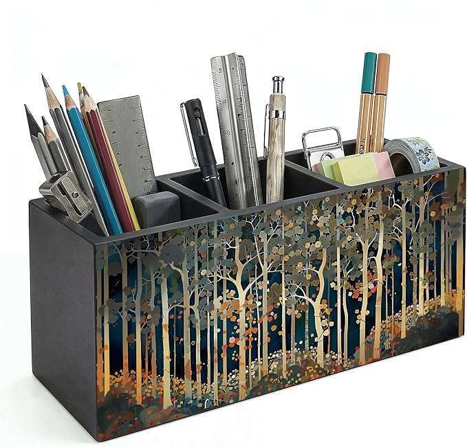 Rustic William Morris Inspired Autumn Forest Wooden Pencil Pen Holder for Desk Organizers and Accessories, Vintage Botanical Nature Makeup Brush Holder Organizer for Bathroom Vanity
