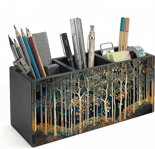 Rustic William Morris Inspired Autumn Forest Wooden Pencil Pen Holder for Desk Organizers and Accessories, Vintage Botanical Nature Makeup Brush Holder Organizer for Bathroom Vanity