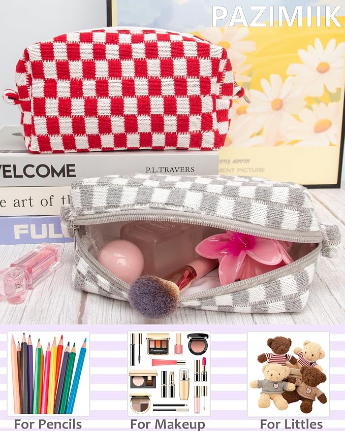 PAZIMIIK Checkered Makeup Bag for Purse, Small Travel Cosmetic Pouch,Grey | Cute Zipper Makeup Organizer for Women, Travel Essentials, Toiletries, Makeup Brushes, Beauty Accessories&Bridesmaid Gifts