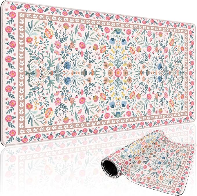 Pink Floral Desk Mat 31.5"x15.7" | Extra Large Mouse Pad, Non-Slip Rubber Base, Waterproof Desk Blotter, Stitched Edges, Smooth Computer Mat Office