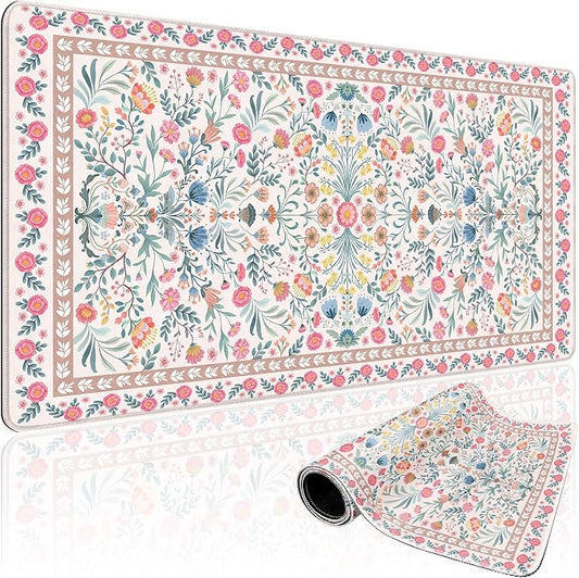 Pink Floral Desk Mat 31.5"x15.7" | Extra Large Mouse Pad, Non-Slip Rubber Base, Waterproof Desk Blotter, Stitched Edges, Smooth Computer Mat Office