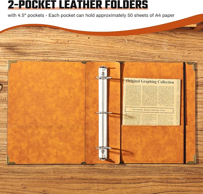 Ovesmusl PU Leather 3 Ring Binder Fits 8.5"x11" Letter Size Paper, 2 Inch Round Ring Binder Holds 500 Sheets, Notepad Paper Cover Loose Leaf Organizer, Brown Sun