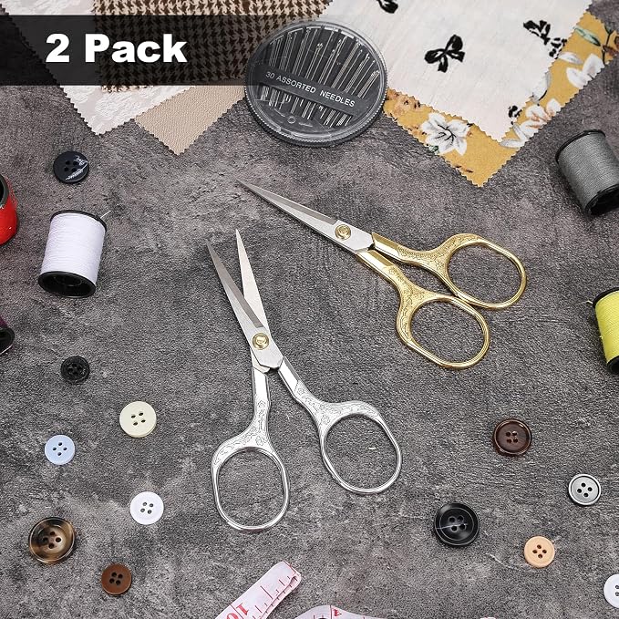 Small Embroidery Scissors,Set of 2 Sewing & Craft Scissors for Precision Cutting,Stainless Steel Fabric Paper Scissor,Gold & Silver