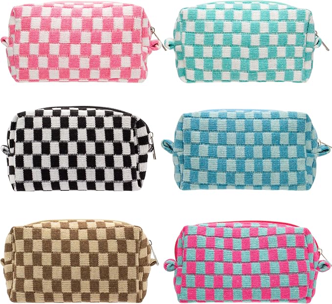 Checkered Makeup Bag for Purse, Small Cosmetic Pouch,Mix Color,6 Pack | Cute Zipper Makeup Organizer for Women, Travel Essentials, Toiletries, Makeup Brushes, Beauty Accessories&Bridesmaid Gifts