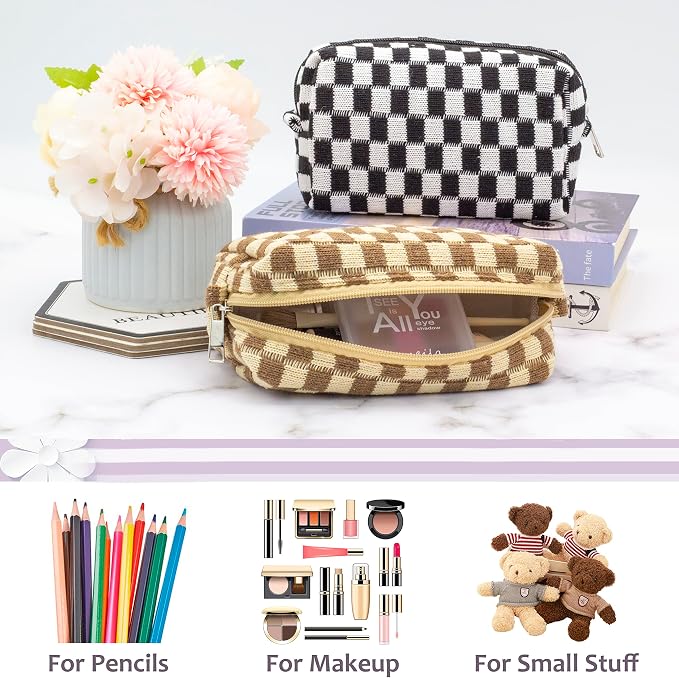 Checkered Makeup Bag for Purse, Small Travel Cosmetic Pouch,Coffee,2 Pack | Cute Zipper Makeup Organizer for Women, Travel Essentials, Toiletries, Makeup Brushes, Beauty Accessories&Bridesmaid Gifts