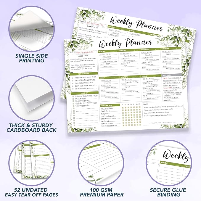Decorably 52 Sheets Forest Green Undated Weekly Planner Tear Off Pad - 11x8.5in Spring-Bound Desk Notepad, for Focus, Priorities, to-Do List, Habit Tracker, Agenda, Notes - Home, School, Office