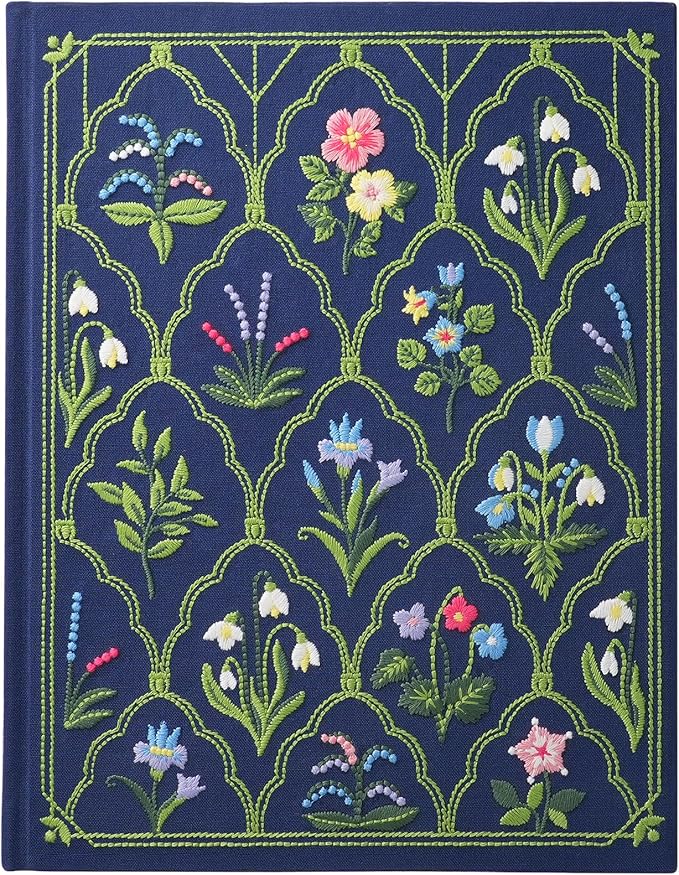 diodrio Luxury Embroidered Sketchbook for women 180gsm Premium Heavy Paper 92 Blank Pages, Keepsake Sketch Book with Floral Embroidery, 10.4" L x 8.25" W, Grosgrain Ribbon Bookmark, Lapis Blue, Size M