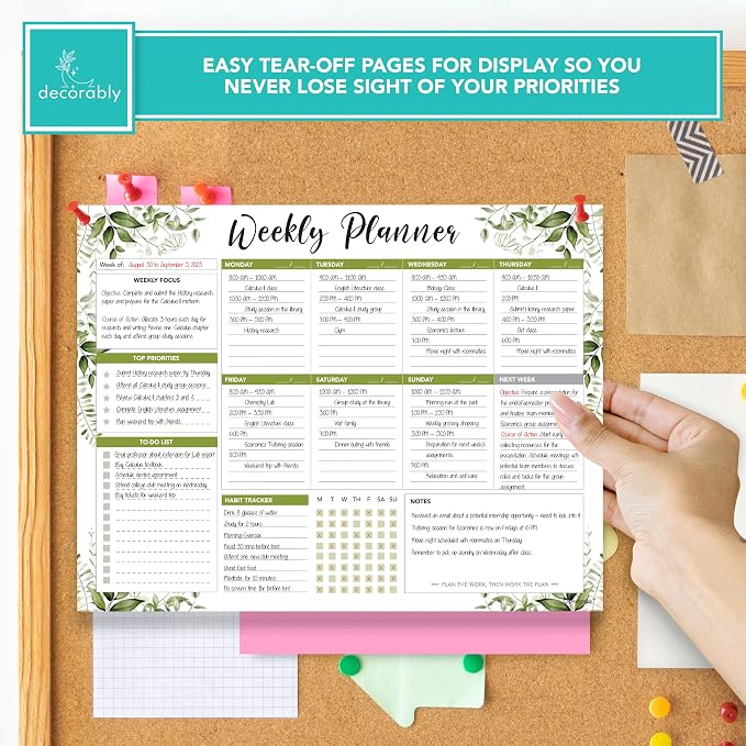 Decorably 52 Sheets Forest Green Undated Weekly Planner Tear Off Pad - 11x8.5in Spring-Bound Desk Notepad, for Focus, Priorities, to-Do List, Habit Tracker, Agenda, Notes - Home, School, Office