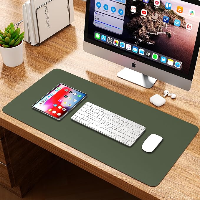 Leather Desk Pad Protector, Waterproof Mouse Pad, PU Desk Mat, Office Desk Cover, Desk Writing Mat for Office/Home/Work/Cubicle (Green/Gray) 23.6x13.7 in