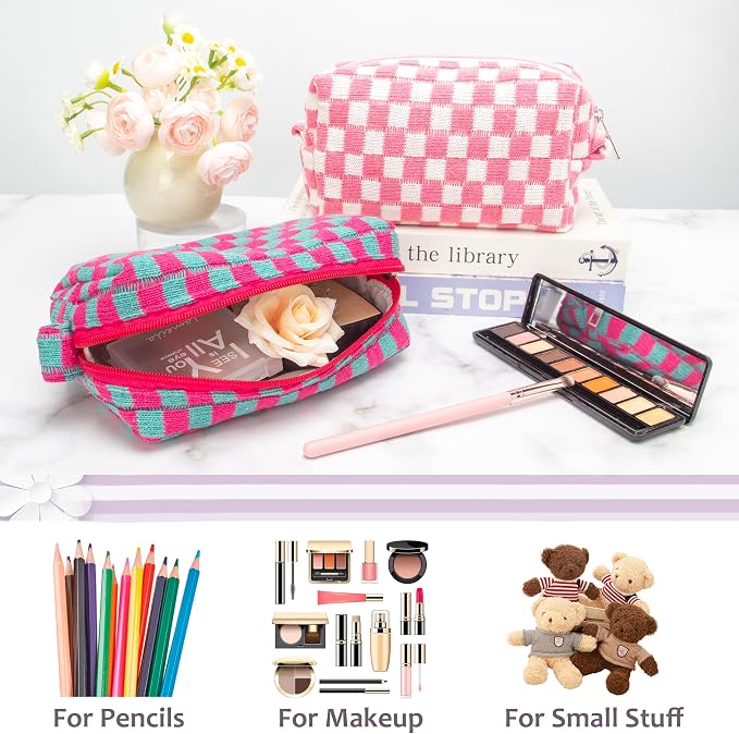 Checkered Makeup Bag for Purse, Small Travel Cosmetic Pouch,Magenta Green | Cute Zipper Makeup Organizer for Women, Travel Essentials, Toiletries, Makeup Brushes, Beauty Accessories&Bridesmaid Gifts