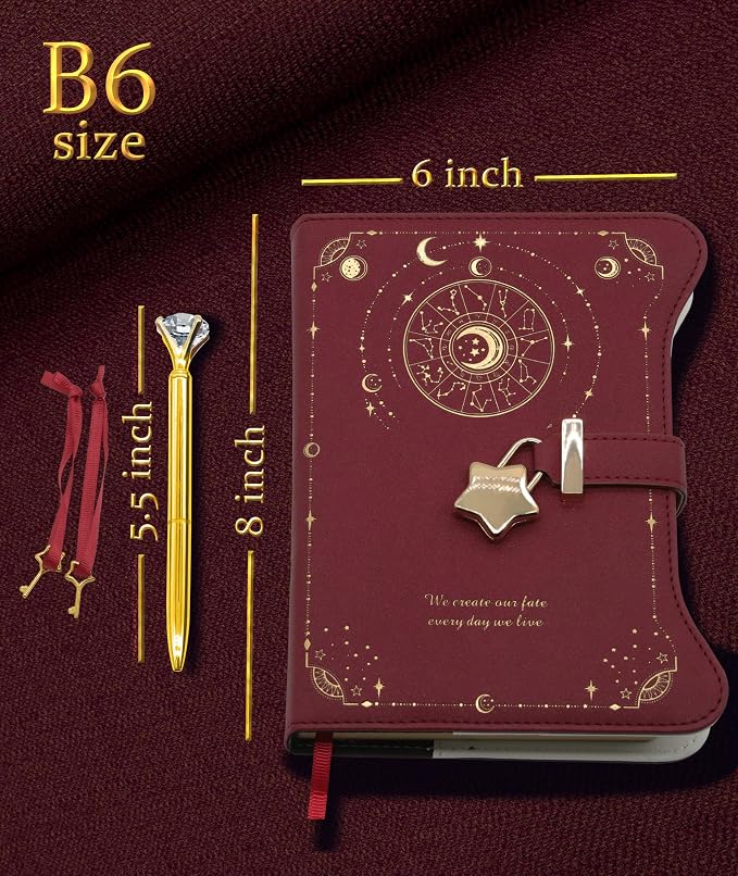 Hoci Poci Diary with Lock and Keys for Girls Gift Ideas, 360 Pages Journal | Elegant Gift Box for Teen Girls, B6 Kraft Pages Refillable Notebook with Pen and Bookmark for Writing, Astro Red