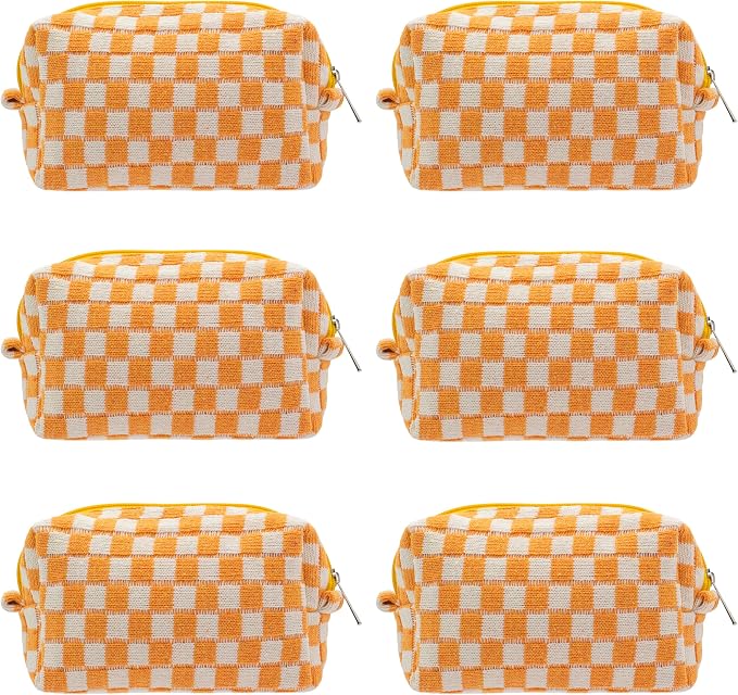 Checkered Makeup Bag for Purse, Small Travel Cosmetic Pouch,Orange,6 Pack | Cute Zipper Makeup Organizer for Women, Travel Essentials, Toiletries, Makeup Brushes, Beauty Accessories&Bridesmaid Gifts